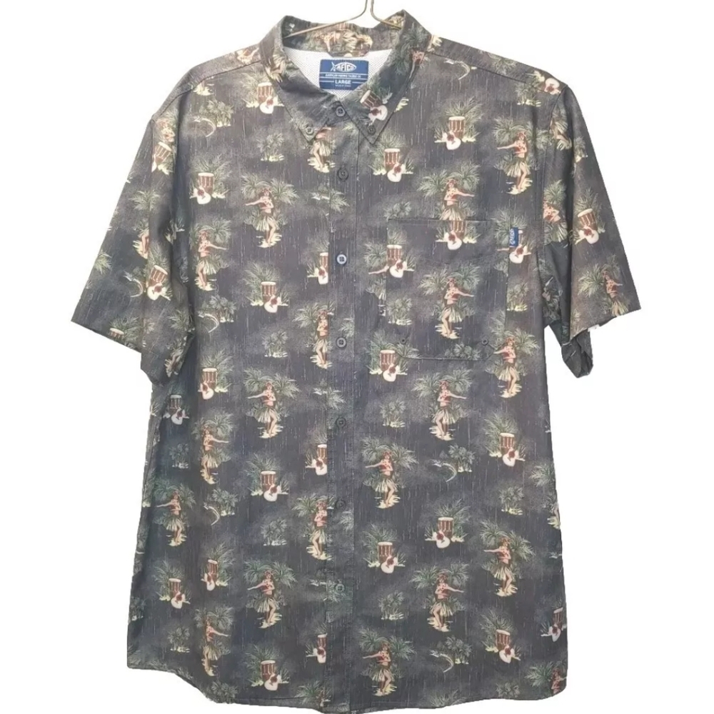 Aftco Hawaiian Shirt Men Lg Hula Girls Tiki Parrot Head Fishing Button Grey Nwot